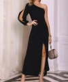 Tek Omuz Açık Derin Yırtmaçlı Krep Tam Boy Elbise