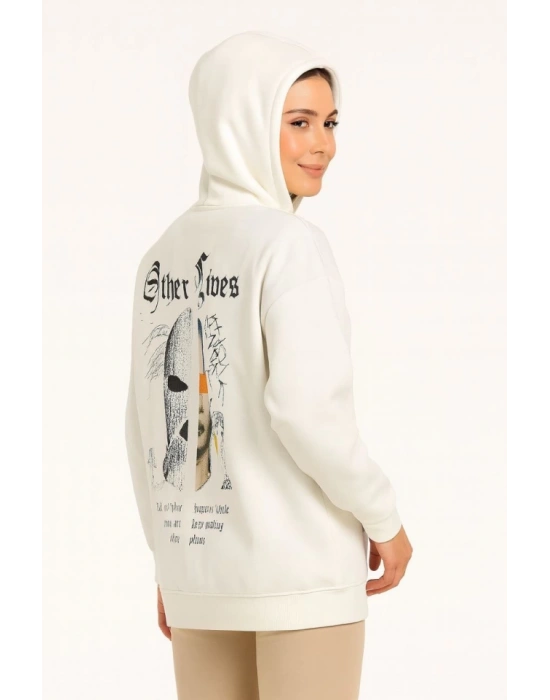 Kapşonlu Sweatshirt – Oversize Üç İplik Şardonlu Hoodie, “Other Lives” Ön - Arka Baskılı, Kanguru Cepli, Kışlık Rahat Günlük Stil - Beyaz