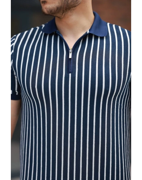 Erkek çizgili Fermuar Yakalı Kısa Kollu Tişört