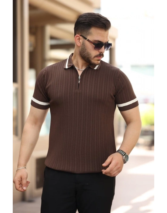 Erkek Yaka Ve Kolları çizgi Detaylı Fermuarlı Kısa Kollu T-shirt