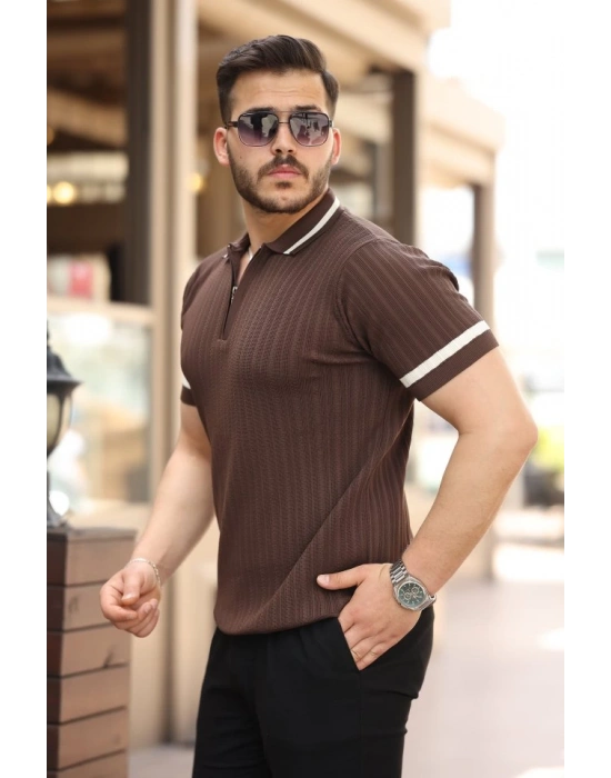 Erkek Yaka Ve Kolları çizgi Detaylı Fermuarlı Kısa Kollu T-shirt