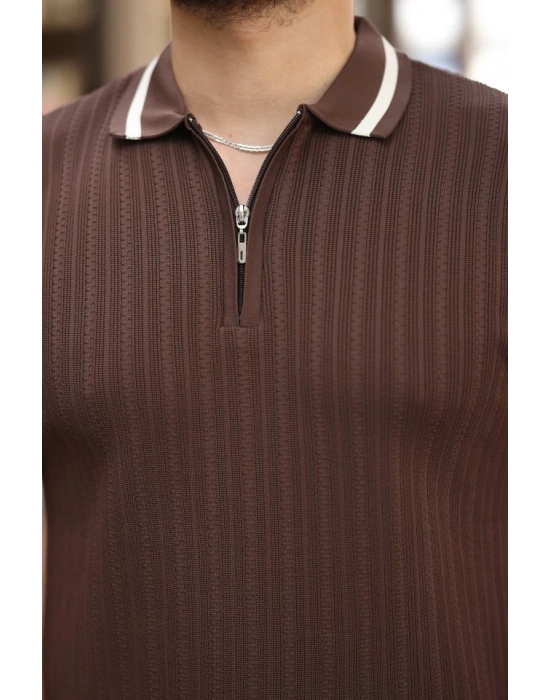 Erkek Yaka Ve Kolları çizgi Detaylı Fermuarlı Kısa Kollu T-shirt