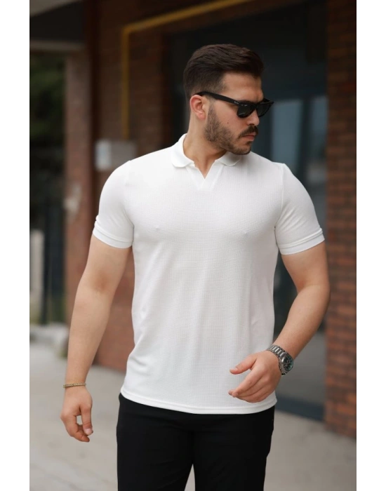 Erkek Yakalı Waffle Dokulu Kısa Kollu Tişört