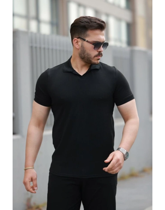 Erkek Yakalı Waffle Dokulu Kısa Kollu Tişört