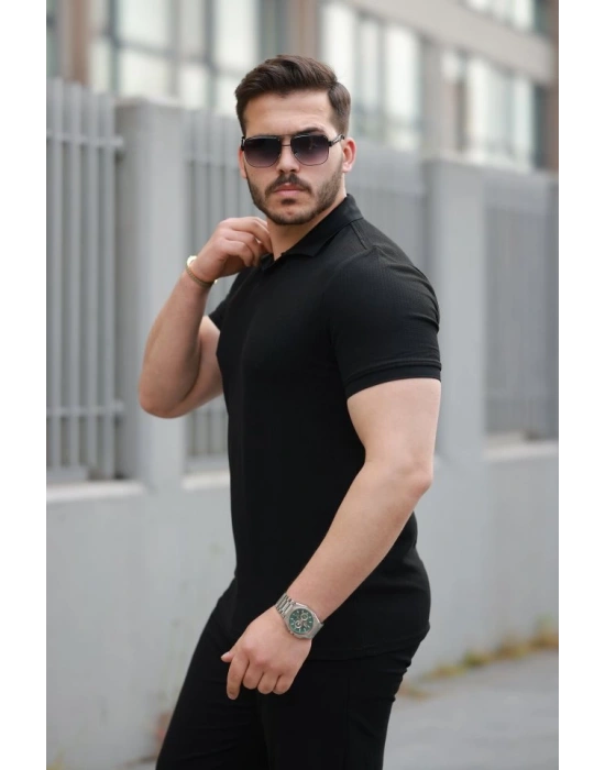 Erkek Yakalı Waffle Dokulu Kısa Kollu Tişört