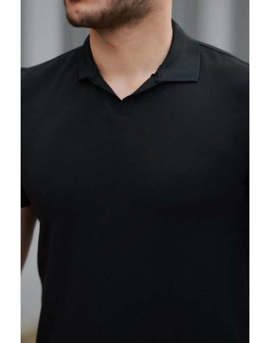 Erkek Yakalı Waffle Dokulu Kısa Kollu Tişört