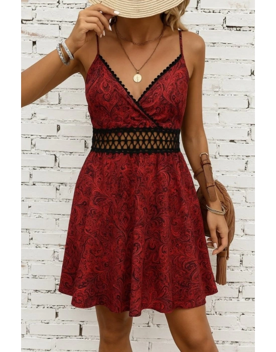 Kadın Ip Askılı Kruvaze Yakalı Desenli Mini Süprem Mini Elbise