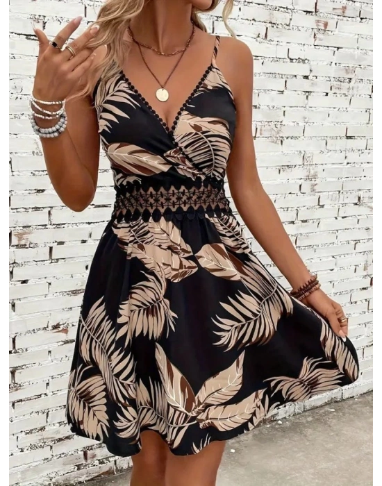 Kadın Ip Askılı Kruvaze Yakalı Desenli Mini Süprem Mini Elbise