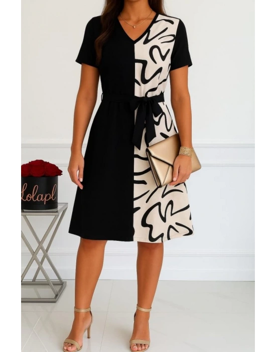 Kadın Kısa Kollu V Yakalı çift Renkli Desenli Beli Kuşaklı Atlas Elbise