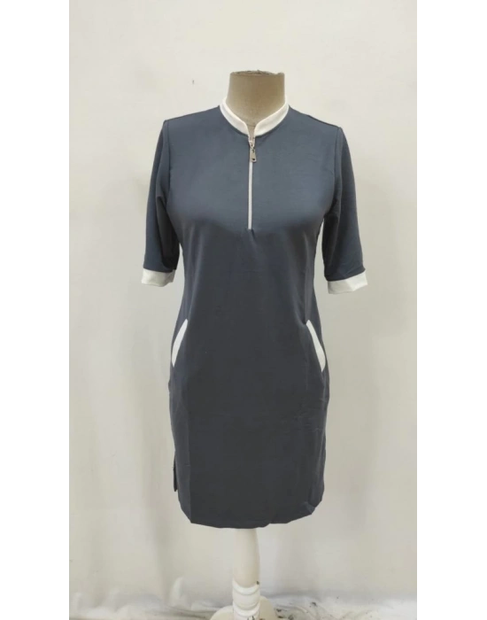 Kadın Kısa Kollu Yakadan Fermuarlı Cepli Yandan Yırtmaçlı Viskon Elbise