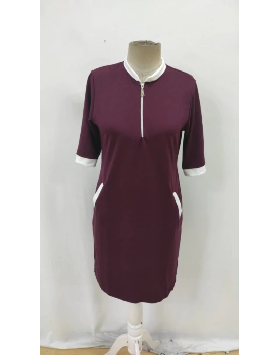 Kadın Kısa Kollu Yakadan Fermuarlı Cepli Yandan Yırtmaçlı Viskon Elbise