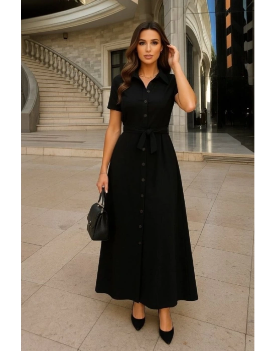 Kadın Kısa Kollu Yakalı önden Düğmeli Beli Kuşaklı Ithal Keten Elbise