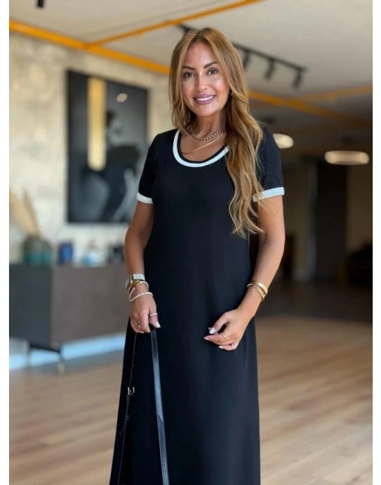 Kadın Kısa Kollu Yuvarlak Yaka Yandan Yırtmaçlı Midi Viskon Elbise