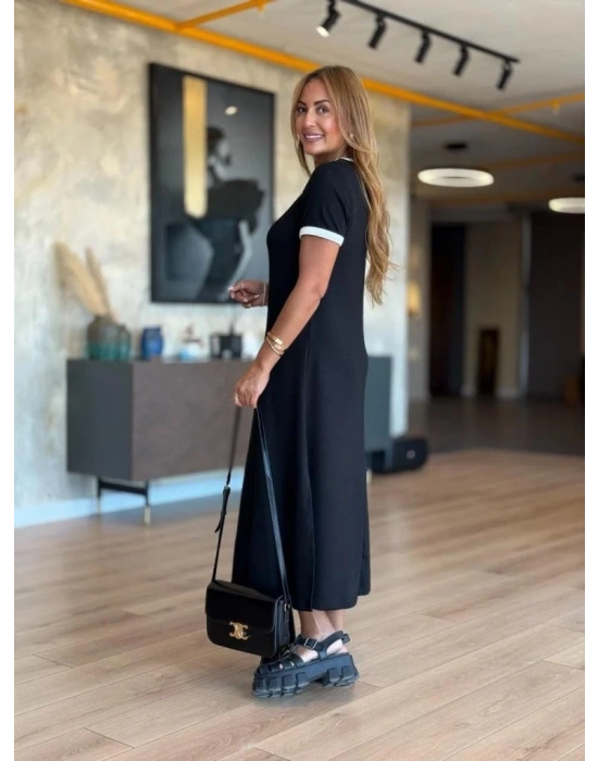 Kadın Kısa Kollu Yuvarlak Yaka Yandan Yırtmaçlı Midi Viskon Elbise