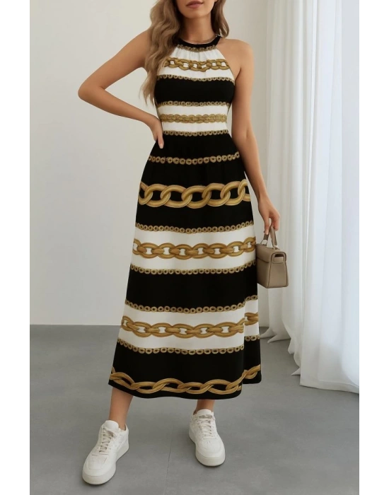 Kadın Kolsuz Boyundan Bağlamalı Beli Lastikli Dijital Baskı Süprem Uzun Elbise