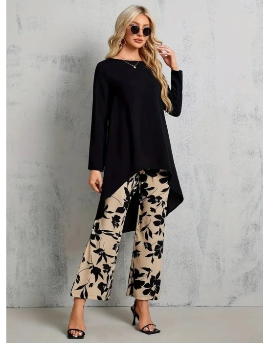 Kadın Uzun Kollu Bisiklet Yaka Asimetrik Kesim Detaylı Viskon Bluz Ve çiçek Desenli Iki Iplik Pantolon