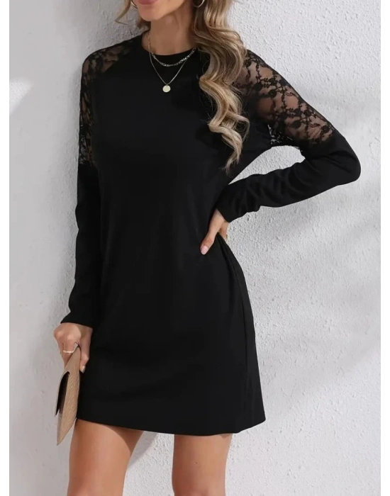 Kadın Uzun Kollu Bisiklet Yaka Dantel Detaylı Visk8n Iki Iplik Düğmeli Mini Elbise