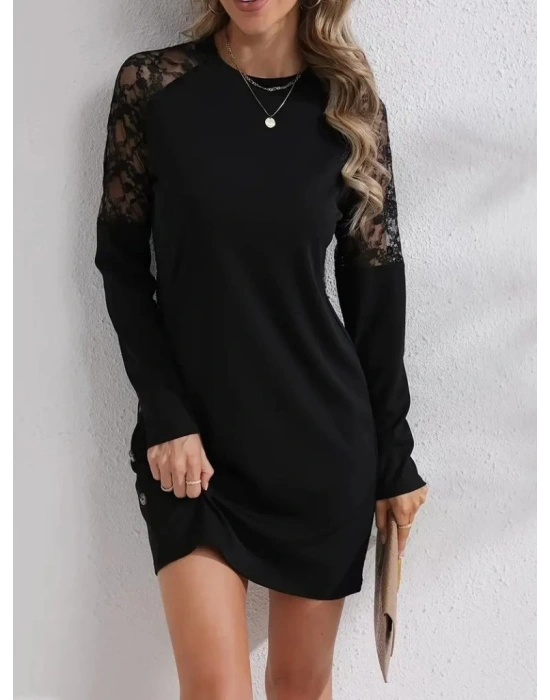 Kadın Uzun Kollu Bisiklet Yaka Dantel Detaylı Visk8n Iki Iplik Düğmeli Mini Elbise