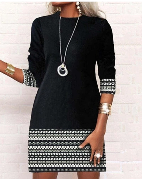 Kadın Uzun Kollu Bisiklet Yaka Kol Ağzı Ve Etek Ucu Baskılı Iki Iplik Elbise