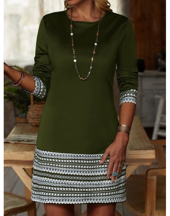 Kadın Uzun Kollu Bisiklet Yaka Kol Ağzı Ve Etek Ucu Baskılı Iki Iplik Elbise