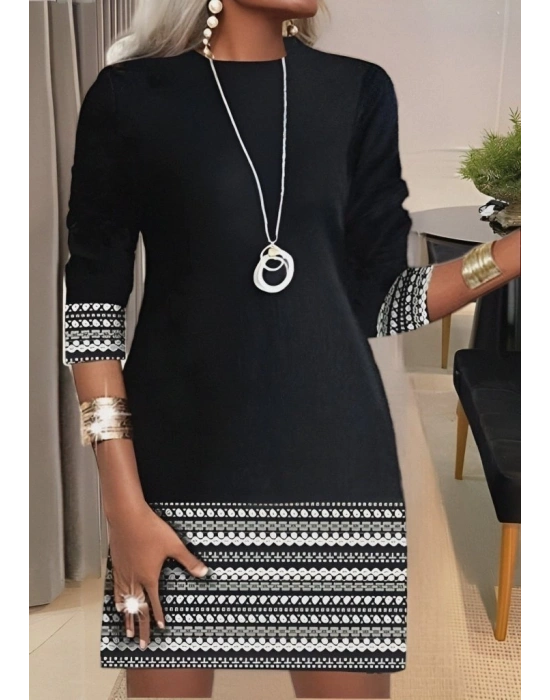 Kadın Uzun Kollu Bisiklet Yaka Kol Ağzı Ve Etek Ucu Baskılı Iki Iplik Elbise