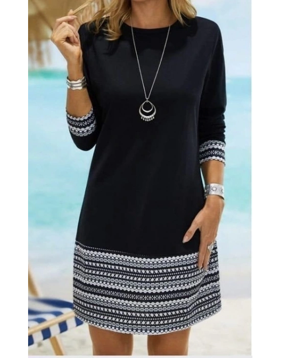 Kadın Uzun Kollu Bisiklet Yaka Kol Ağzı Ve Etek Ucu Baskılı Iki Iplik Elbise