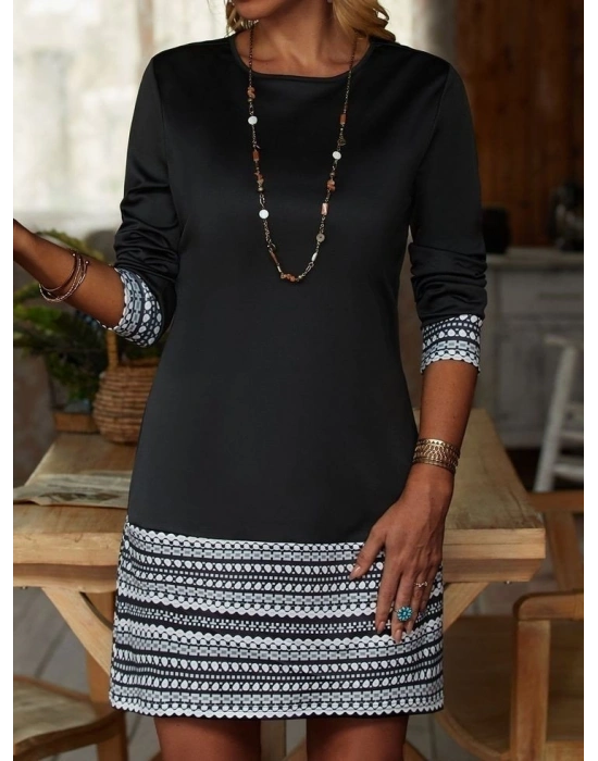 Kadın Uzun Kollu Bisiklet Yaka Kol Ağzı Ve Etek Ucu Baskılı Iki Iplik Elbise