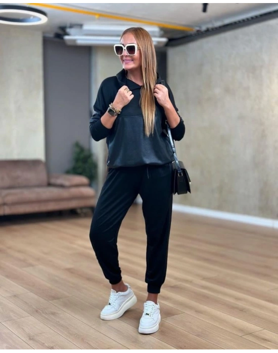 Kadın Uzun Kollu Kapşonlu Viskon Iki Iplik Bluz Ve Pantolon Ikili Takım