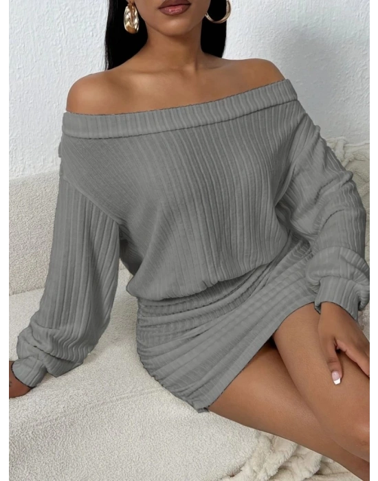 Kadın Uzun Kollu Madonna Yaka Yanlardan Büzgülü şardonlu Kaşkorse Mini Elbise