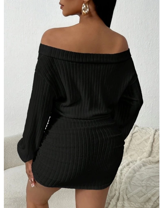 Kadın Uzun Kollu Madonna Yaka Yanlardan Büzgülü şardonlu Kaşkorse Mini Elbise