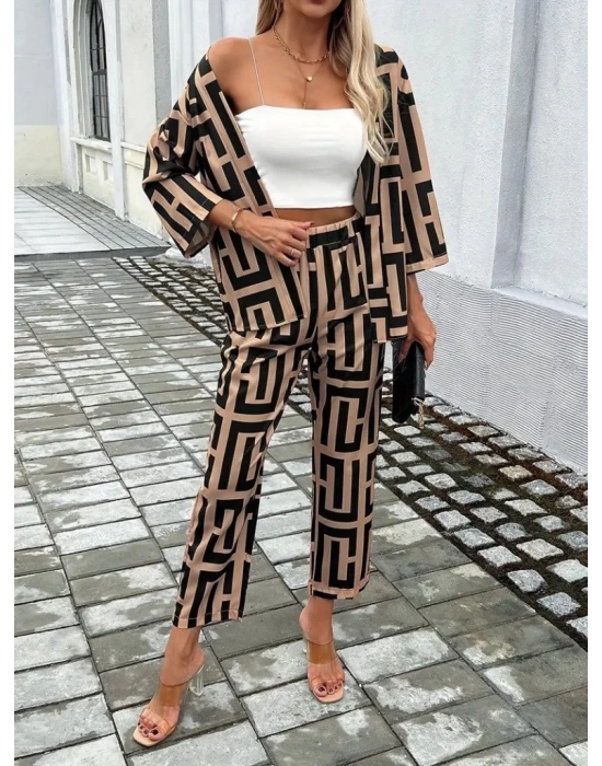 Kadın Uzun Kollu önü Açık Desenli Iki Iplik Ceket Ve Pantolon Ikili Takım