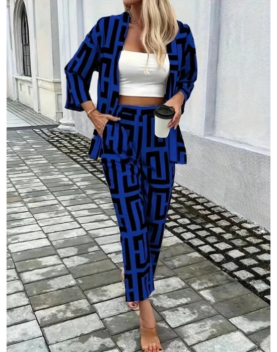 Kadın Uzun Kollu önü Açık Desenli Iki Iplik Ceket Ve Pantolon Ikili Takım