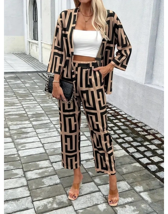 Kadın Uzun Kollu önü Açık Desenli Iki Iplik Ceket Ve Pantolon Ikili Takım