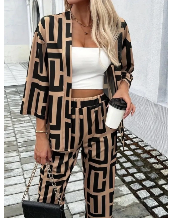 Kadın Uzun Kollu önü Açık Desenli Iki Iplik Ceket Ve Pantolon Ikili Takım