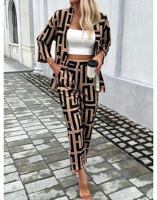 Kadın Uzun Kollu önü Açık Desenli Iki Iplik Ceket Ve Pantolon Ikili Takım