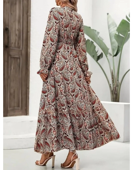 Kadın Uzun Kollu V Yakalı Beli Lastikli Desenli Süprem Elbise