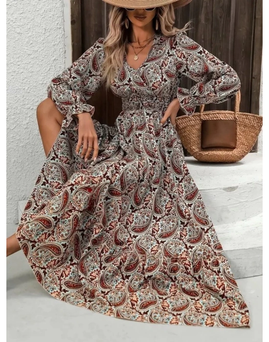 Kadın Uzun Kollu V Yakalı Beli Lastikli Desenli Süprem Elbise