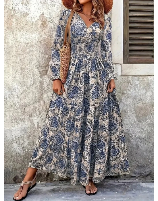 Kadın Uzun Kollu V Yakalı Desenli Süprem Elbise