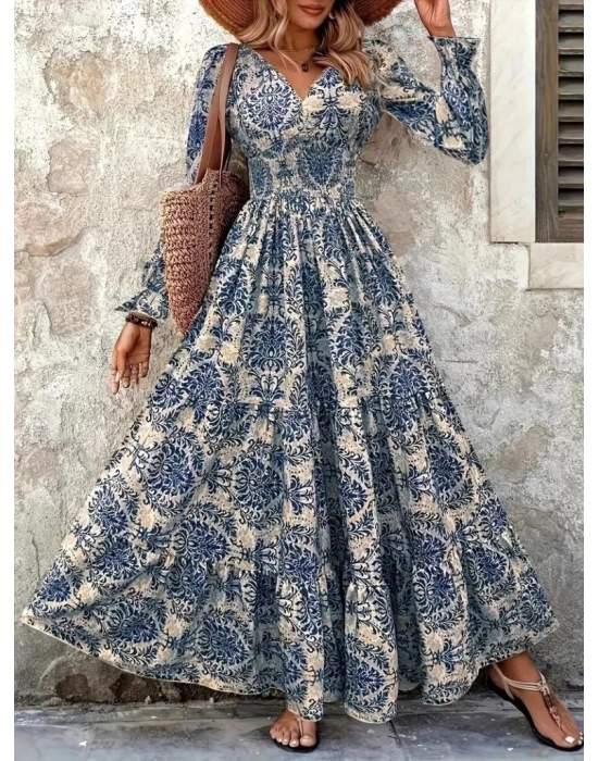 Kadın Uzun Kollu V Yakalı Desenli Süprem Elbise