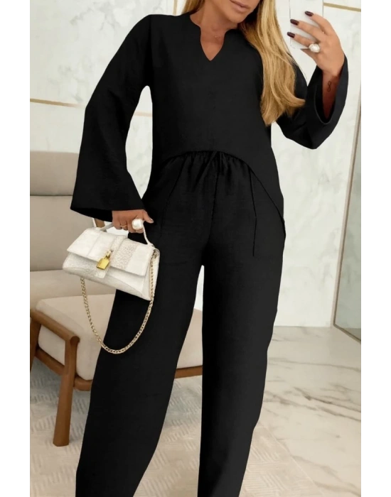 Kadın Uzun Kollu V Yakalı Keten Bluz Bağcıklı Pantolon Ikili Takım