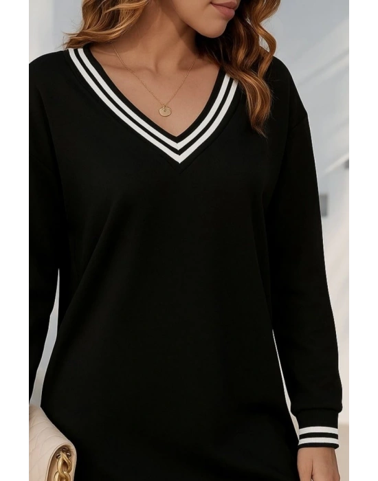 Kadın Uzun Kollu V Yakalı şerit Detaylı Kısa Viskon Iki Iplik Elbise