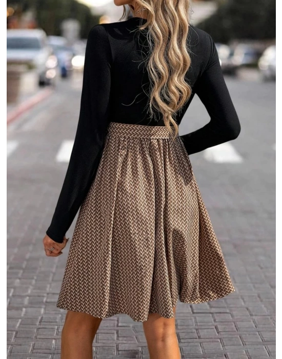 Kadın Uzun Kollu Yuvarlak Yaka üst Viskon Alt Süprem Midi Elbise