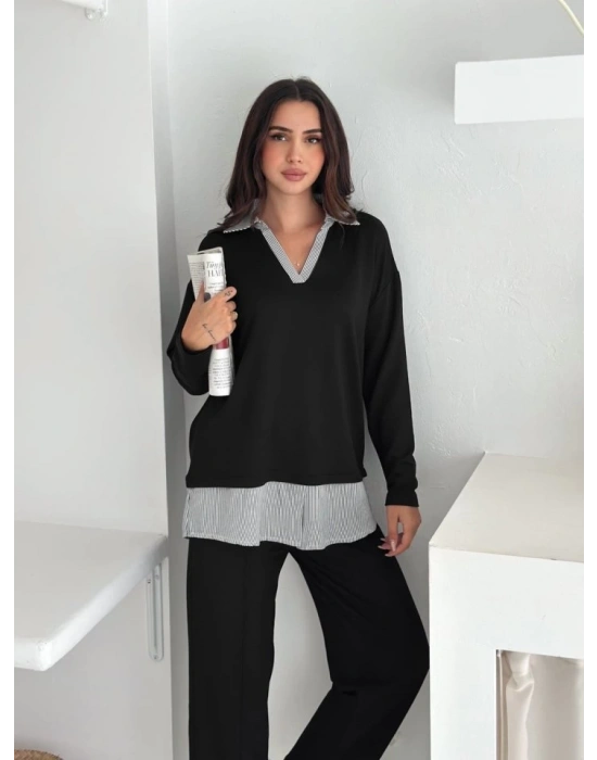 Polo Yaka Gömlek Detay Salaş Balon Pantolunlu ıkılı Takım