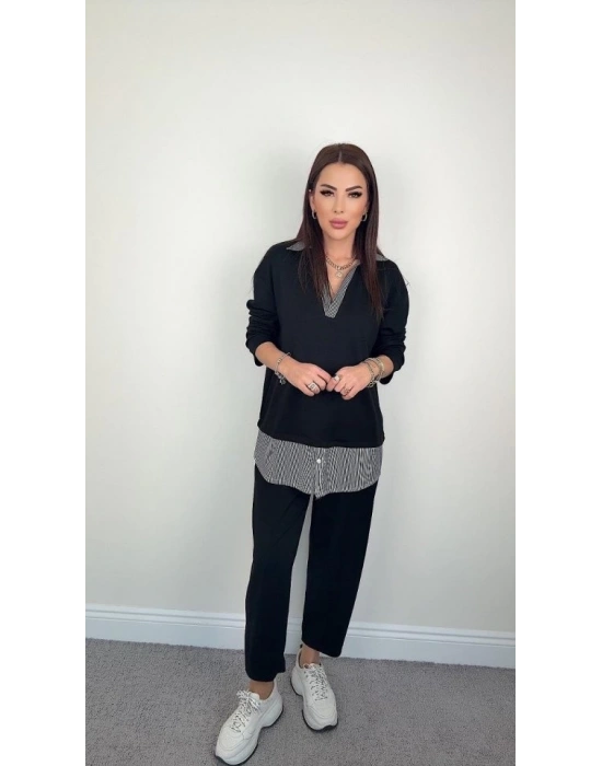 Polo Yaka Gömlek Detay Salaş Balon Pantolunlu ıkılı Takım