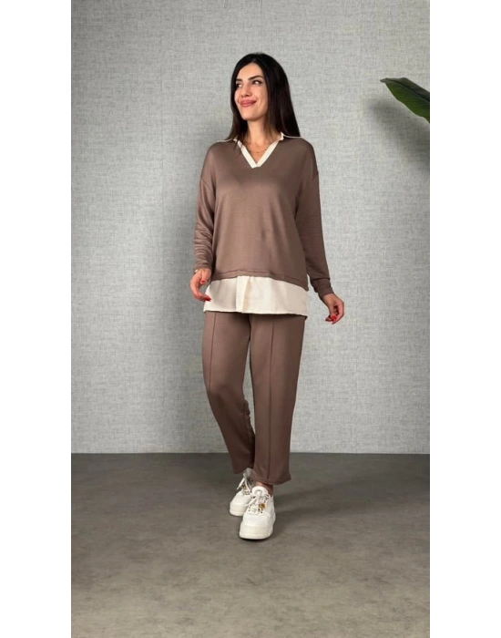 Polo Yaka Gömlek Detay Salaş Balon Pantolunlu ıkılı Takım