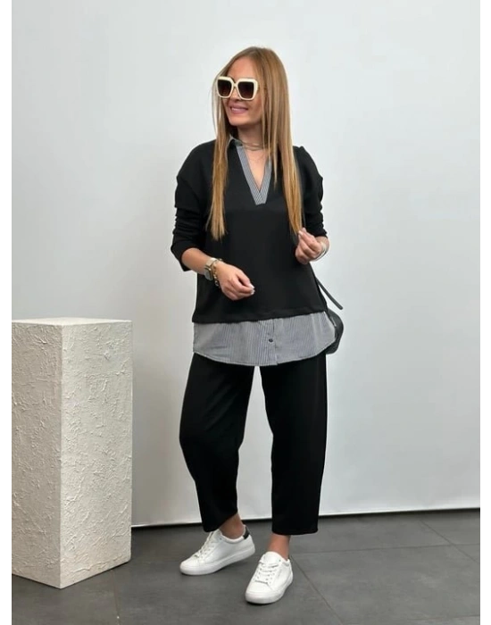 Polo Yaka Gömlek Detay Salaş Balon Pantolunlu ıkılı Takım