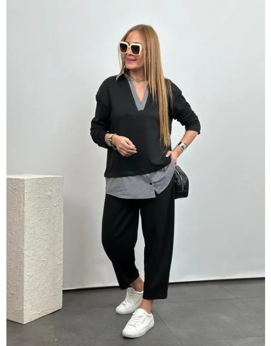 Polo Yaka Gömlek Detay Salaş Balon Pantolunlu ıkılı Takım