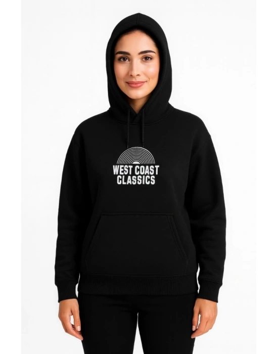Üç İplik Kapüşonlu Ön Ve Arka Baskılı SweatShirt Hoodie - Siyah