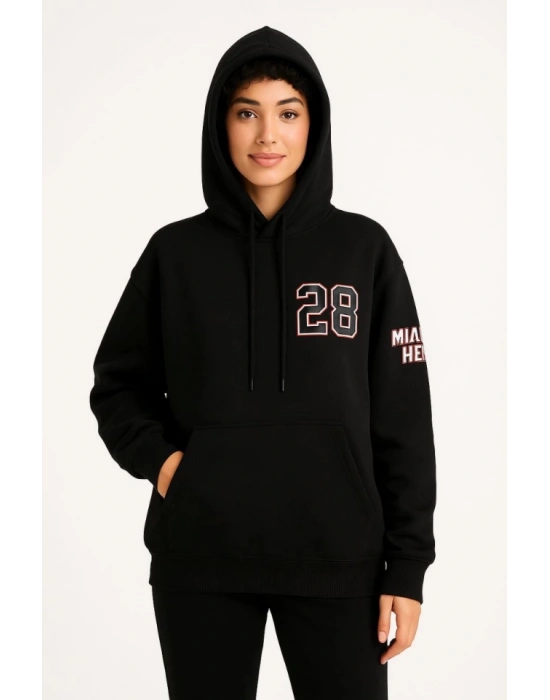 Üç İplik Kapüşonlu Ön Ve Arka Baskılı SweatShirt Hoodie - Siyah