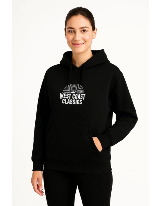 Üç İplik Kapüşonlu Ön Ve Arka Baskılı SweatShirt Hoodie - Siyah